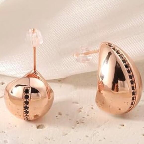 Rose Gold Chunky Earrings with Black Stones - Picture 2 of 3
